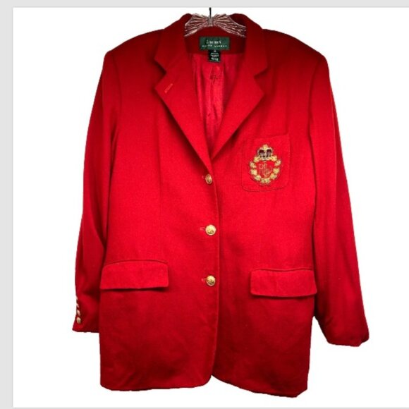 Vintage Lauren Ralph Lauren METAL CREST Logo Wool Blazer Womens 12 red jacket - Picture 13 of 13